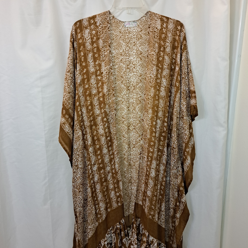 NWT $88 Free People Taupe Bandana Ruffle Paisley Kimono One Size - Picture 5 of 13